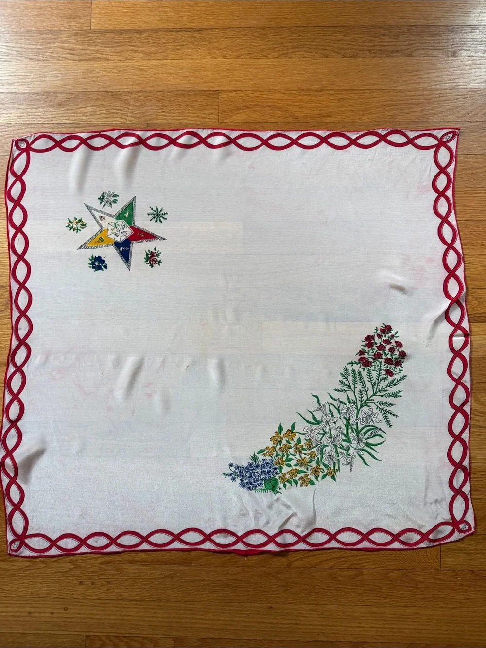VTG Order of the Eastern Star (OES) Floral Silk Scarf Red Border 1960s – 1970’s